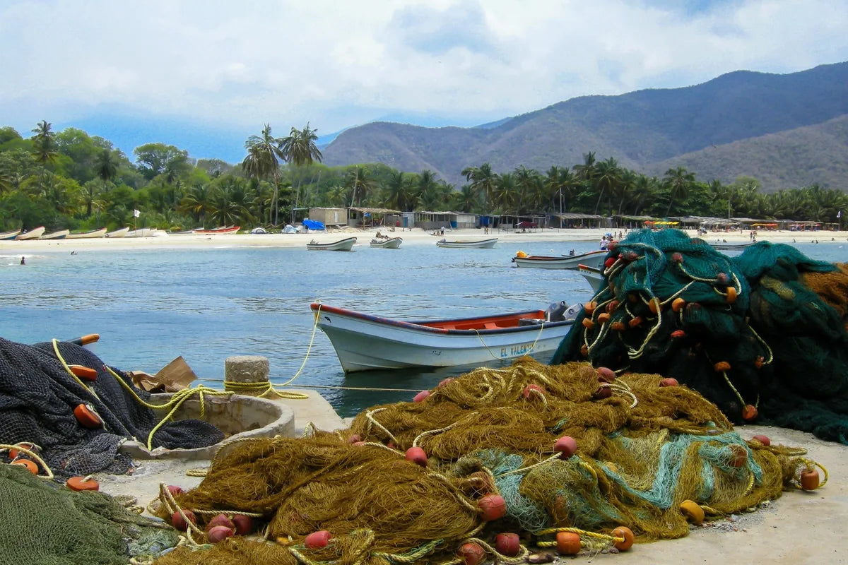 Fiskebåter og garn på stranden ved Cuyagua, Venezuela