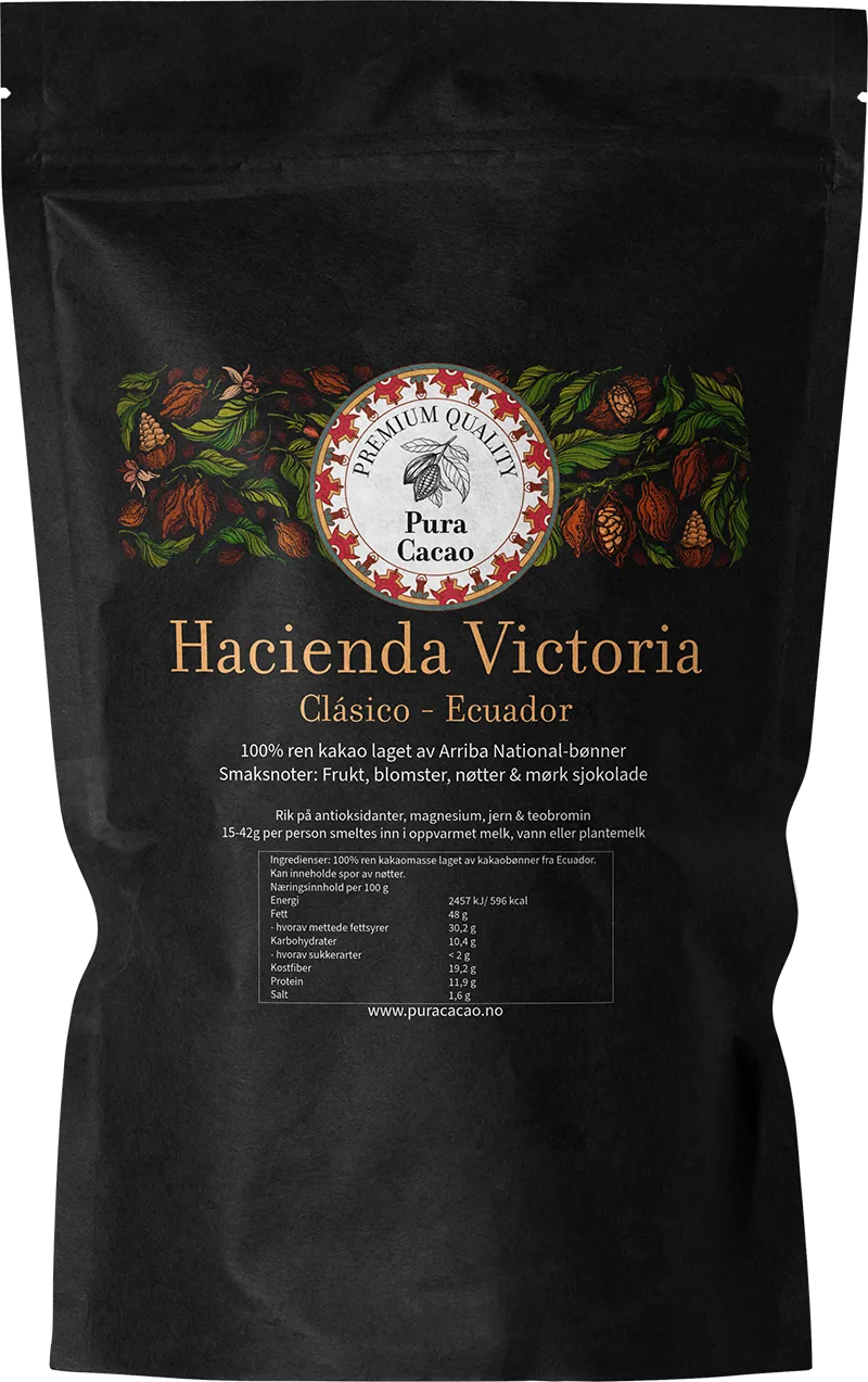 Hacienda Victoria Clásico kakaomasse fra Ecuador i sort doypack-pose