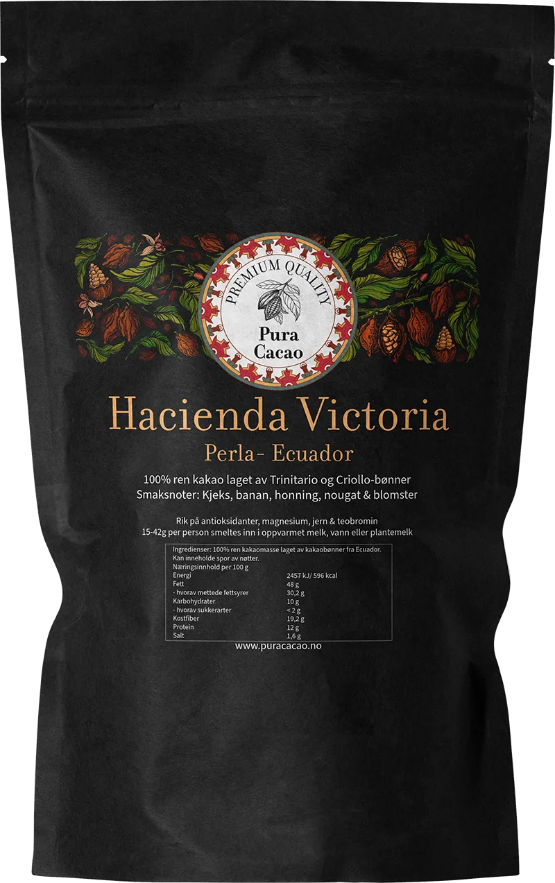Hacienda Victoria Perla kakaomasse fra Ecuador i sort doypack-pose