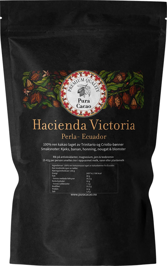 Hacienda Victoria Perla kakaomasse fra Ecuador i sort doypack-pose