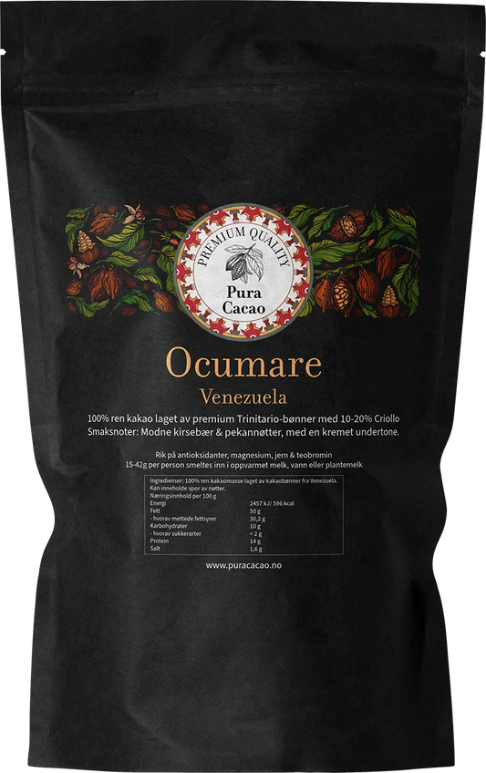 Ocumare kakaomasse fra Venezuela i sort doypack-pose fra Pura Cacao